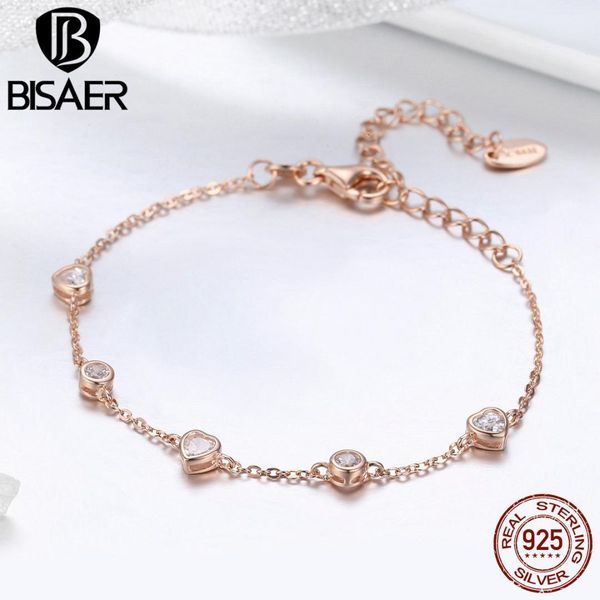 

bisaer silver bracelet 925 sterling silver clear cz minimalist heart rose gold color lobster bracelet for women bijoux hsb097, Black