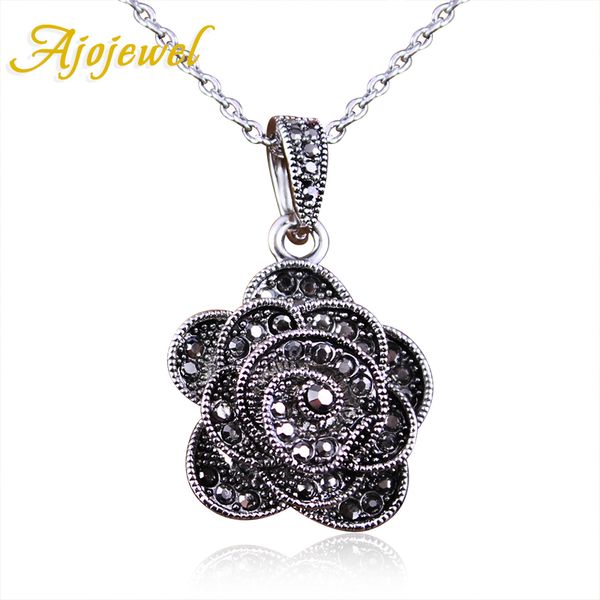 

ajojewel black rhinestone flower vintage necklace women 45cm pendants & necklaces original jewelry, Silver