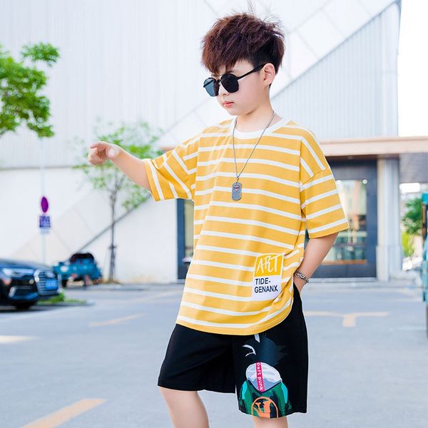 

7xufa children's short-sleeved for t-shirt t-shirt boys in 2020 pure cotton fashionable medium-and-large children's fat loose stri, Blue