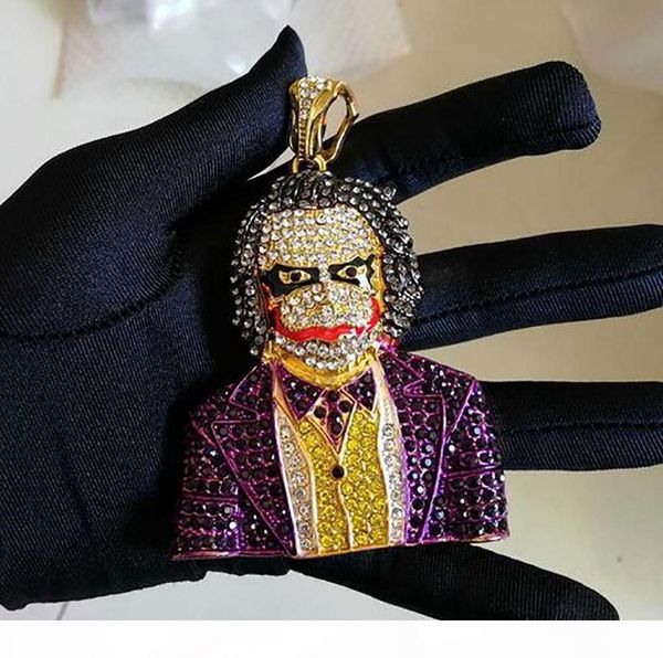 

fashion iced out large cartoon clown cosplay pendant necklace mens hip hop necklace jewelry 76cm gold cuban chain for men women, Silver