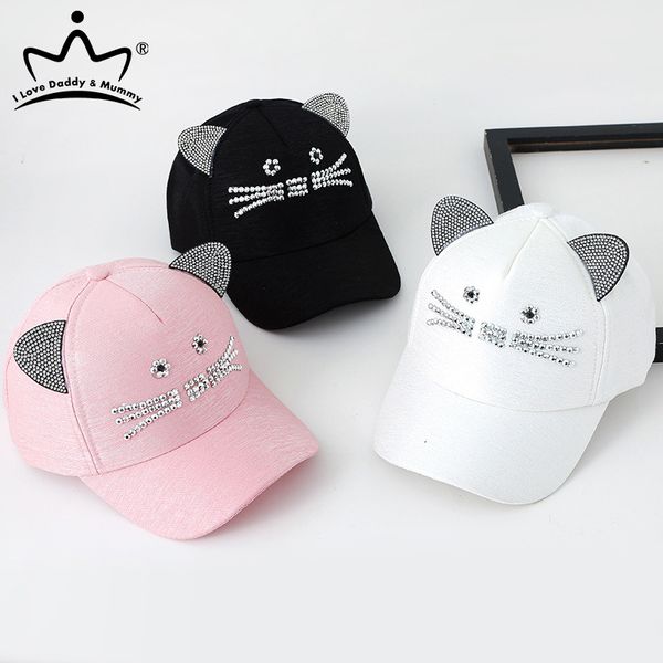 

fashion children baseball cap cute cat ear rhinestones baby cap spring summer casual sun hat for girls kids adjustable caps, Yellow