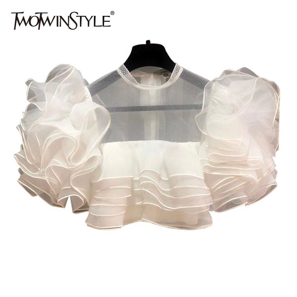 

twotwinstyle white patchwork lace short for women stand high waist elegant t shirts female new fashion clothing 2020 summer