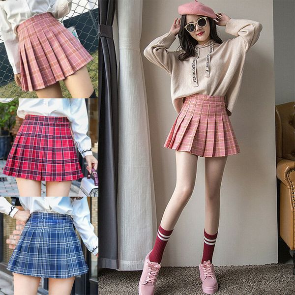 

2020 girls school uniform skater skirt women high waist pleated cute skirts 3 colors plaid tennis skirts for women, Black
