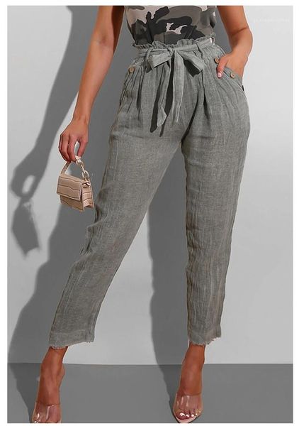 

designer capris summer thin breathable ladies clothing bandage solid color womens pants casual loose button women, Black;white