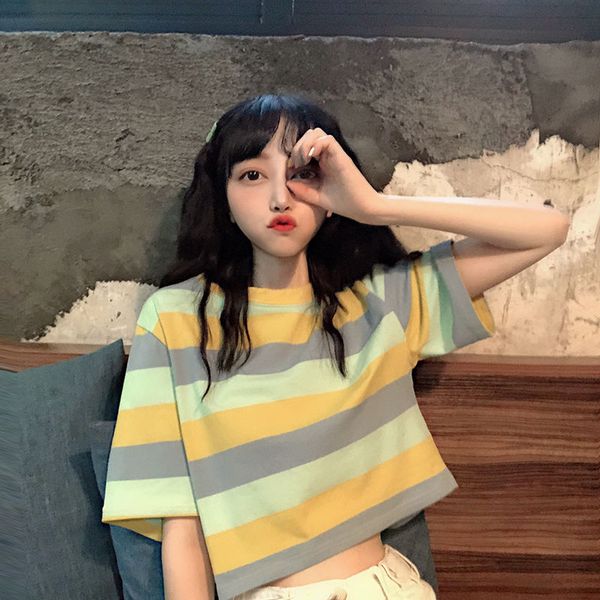 

t-shirt short ladies retro casual o-neck short-sleeved student casual pullover twist pattern wrap chest womens shirts, White