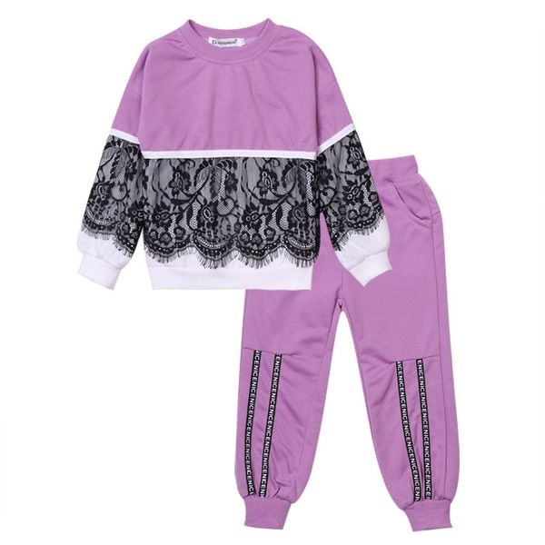

girls clothing set autumn lace clothing sets for girls cotton full t-shirt + pants toddler clothes suit children, White