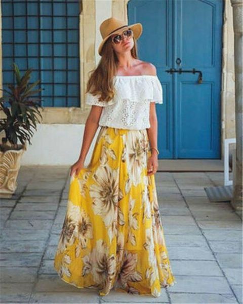 

women floral print chiffon long skirt ladies high waist floral evening summer party maxi skirts summer beach wear female clothes 2020, Black