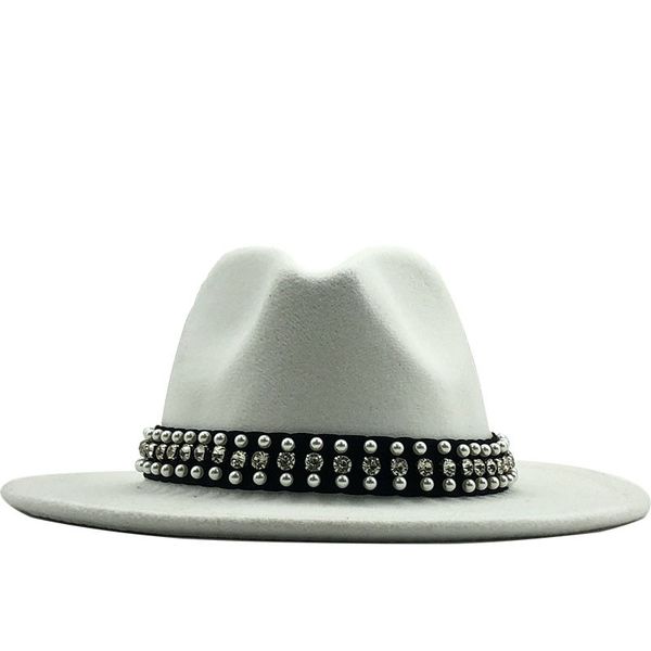 

men women wide brim wool felt fedora panama hat with belt buckle jazz trilby cap party formal hat in pink,white, Blue;gray