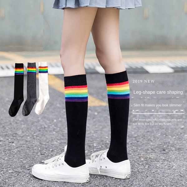 

yqwh8 beauty ji hong 2020 new striped rainbow omen's ind seasonal red over-knee ins long leg over-knee socks ins wind street fashion wo, Pink;yellow