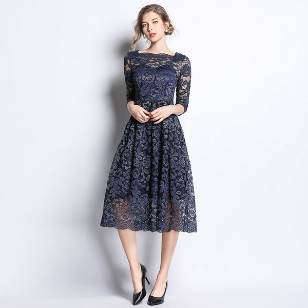 

casual dresses cbafu lace long party women dress brand 2021 spring fashion big swing elegant a-line vestidos mid-calf d362, Black;gray