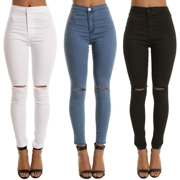 

laamei high waist casual skinny jeans for women hole vintage girls slim ripped denim pencil pants high elasticity black blue
