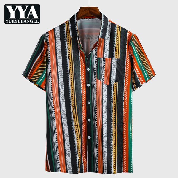

men's casual shirts 2021 summer mens colors striped hawaiian beach shirt printed short sleeve holiday male single breasted, White;black