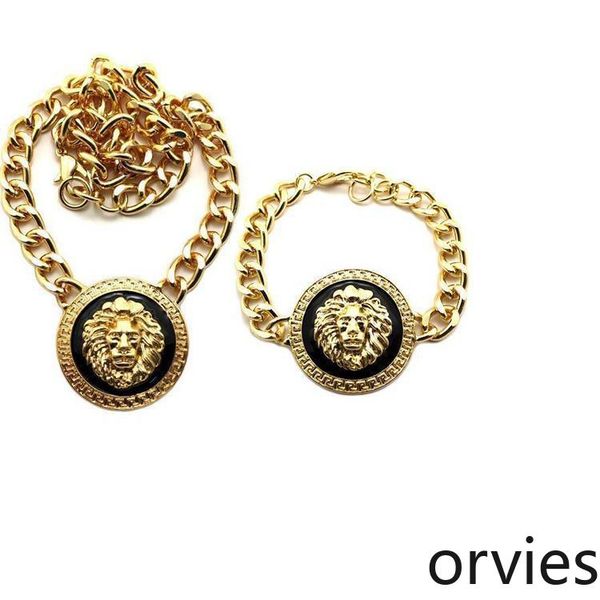

european and american exaggerated fashion retro lion head female alloy jewelry set necklace bracelet, Black