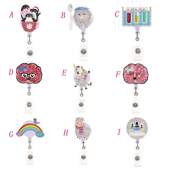 

1pc /5pcs /10pcs cute retractable rhinestone crystal animal sheep test tube teeth shape id badge reel holder for decoration, Gray