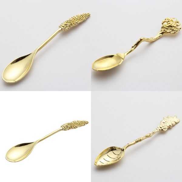 

spoons coco tree leaves twig plants carved spoon gold plating ladles metal mixing tableware crafts kitchen supplies 2 2sd c2