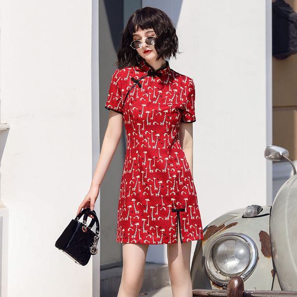 

ethnic clothing elegant chinese style qipao cheongsam dress summer short sleeve cartoon giraffe printed daily improve qi pao, Red