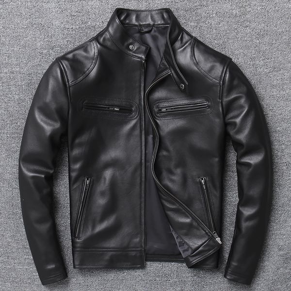

men real new jacket slim motorcycle sheepskin genuine leather coat large size lambskin male outwear clothes, Black