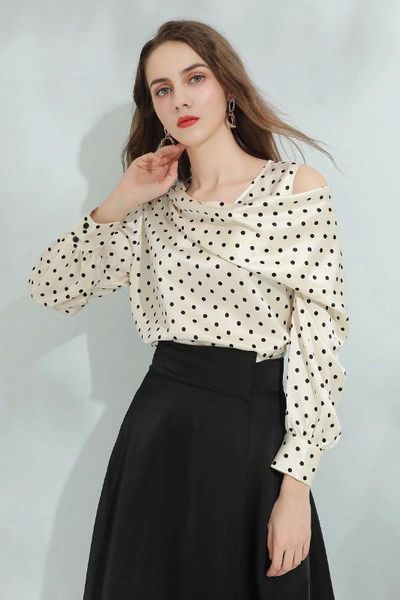 

fashion runway 2020 summer women o-neck polka dot print off shoulder long sleeve casual blouses female, White