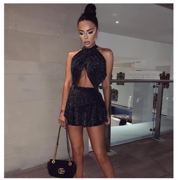 

2019 women sleeveless clothes 2pcs sets summer new hanging neck wrapped chest skirt two-piece set of bloggers ins super hot, Gray