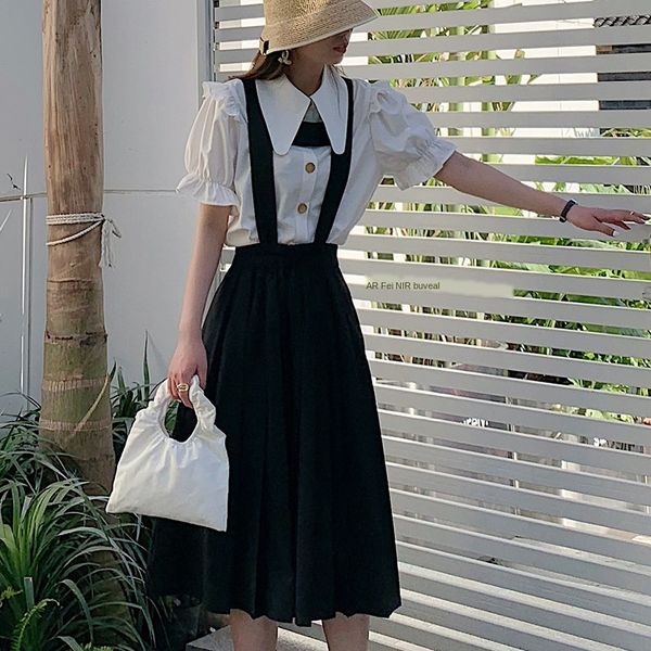 

summer newstyle age-reducing temperament pleated elastic waist two-way suspender sling sling skirt large swing suspender skirt, Black