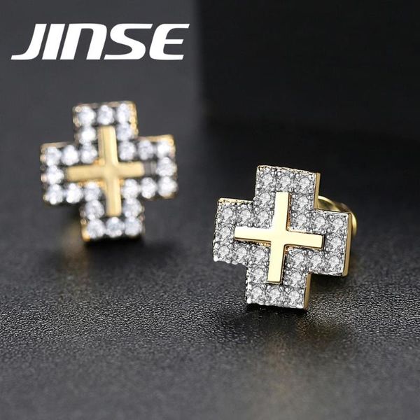 

stud jinse punk gold color cross earring man ied cubic zirconia earrings korean hip hop male jewelry gift, Golden;silver