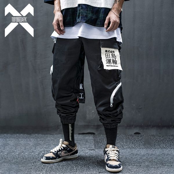 

11 bybb's dark streetwear cargo pant men fashion letter embroidery joggers ankle-length pants sweatpants male pocket ribbon bb54, Black