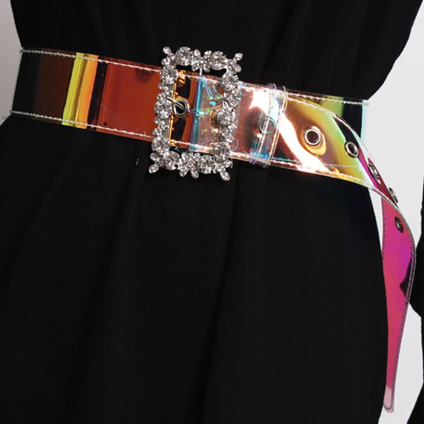 

ewq] new spring summer 2020 fashion tide flash diamond buckle transparent pvc wide belts women all-match qd527, Black;brown