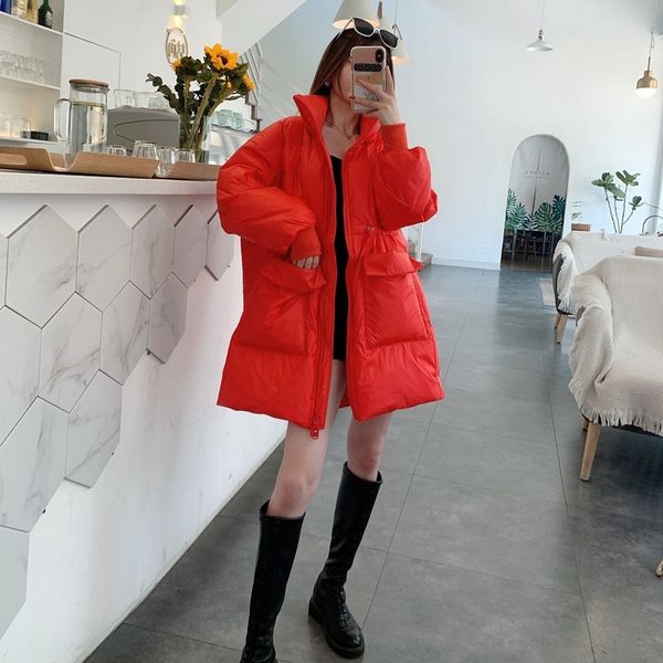 

bright surface 2020 new women's mid-length loose fashion thickened coat down jacket winter coat white duck down waist jacket, Black