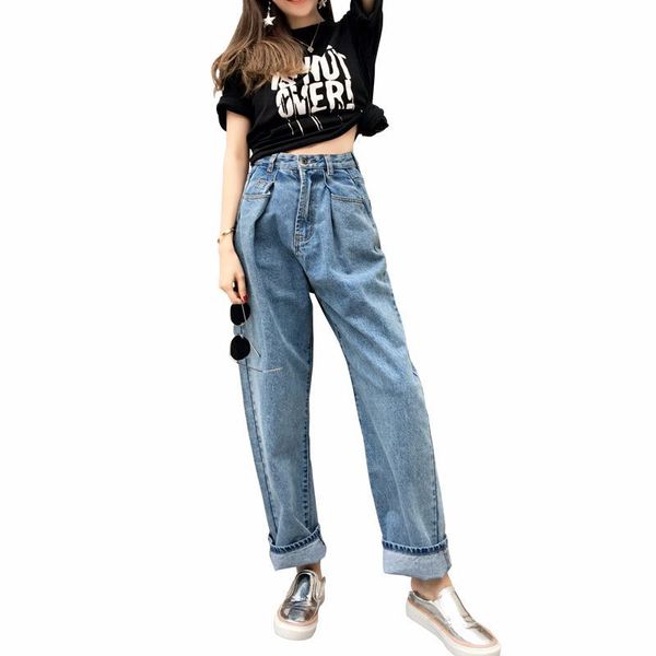 

women's jeans vintage baggy boyfriend for women high waisted long wide leg mom woman casual loose denim pants oversize, Blue