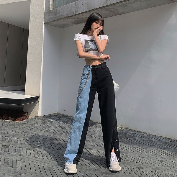 

2020 summer new chic vintage temperament commuting woman splicing black and blue color matching high waist denim wide leg pants