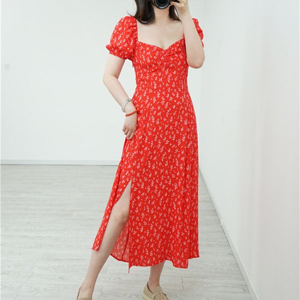 

2020 new retro floral womens midi dress red puff sleeve square collar slim waist split long dresses pleated sundress, Black;gray
