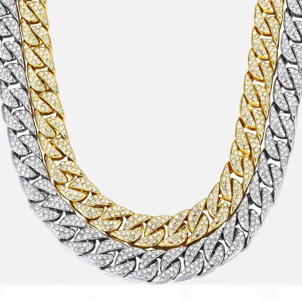 

14mm men's necklace miami curb cuban chain gold color hip hop iced out paved rhinestones cz rapper male necklace jewelry gn432, Silver
