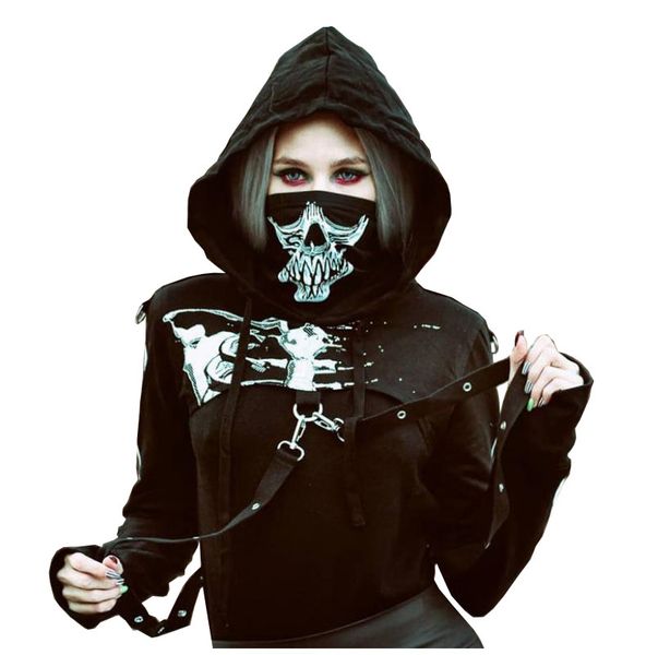 

uniqes bondage lolita new street personality skull print ribbon super short hooded vest elastic goddess mask gas jacket mask, Black