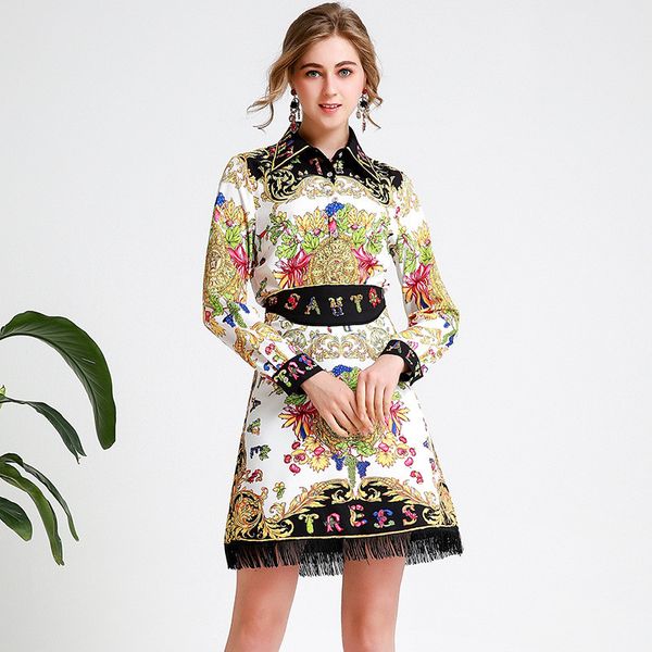 

jchic women's vintage shirts suit new 2020 autumn retro print long sleeves shirts + tassels mini skirts a692, White