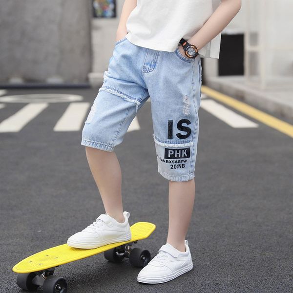 

spk0s clothing boys' denim shorts ankle-length children's summer pants cropped pants 2020 summer new style medium and large childr, Blue
