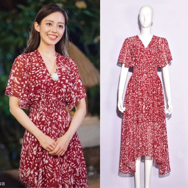 

wife's romantic travel 4 gina alice star same dress v-neck printed chiffon red dress summer, Black;gray