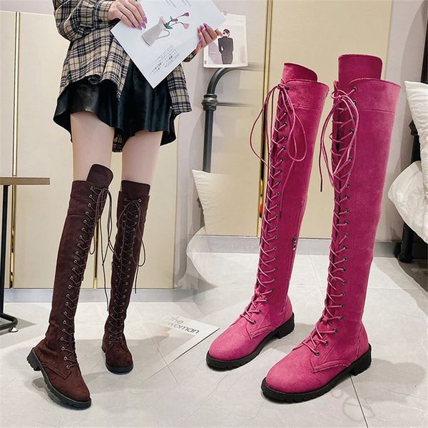 

2020 autumn winter new 34-43 ladies heel warm boots elegant over knee boots women fashion lace-up thigh high shoes woman, Black