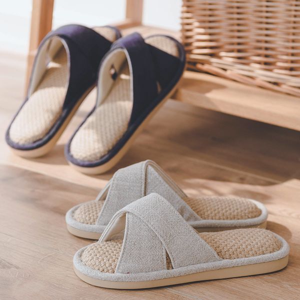 

men summer home slippers home indoor flax thick low heels comfory living room shoes platform leisure ladies shoes 2020, Black