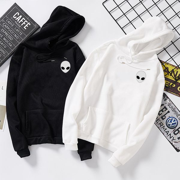 

winter alien print solid hoodies women men loose long sleeve plus size hooded sweatshirts cute harajuku autumn pullovers moletom, Black