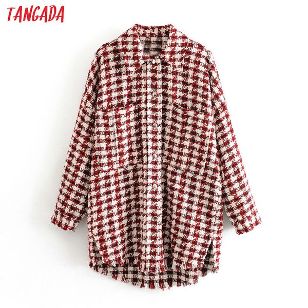 

tangada women red plaid oversized tweed jacket 2020 spring tassels pockets loose style long sleeve coats female outwear 3h436, Black