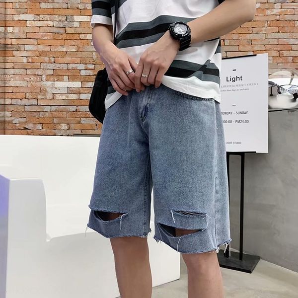 

new nine nine shorts ankle-length men's ripped denim shorts trendy thin cropped pants all-match loose middle pants, Blue