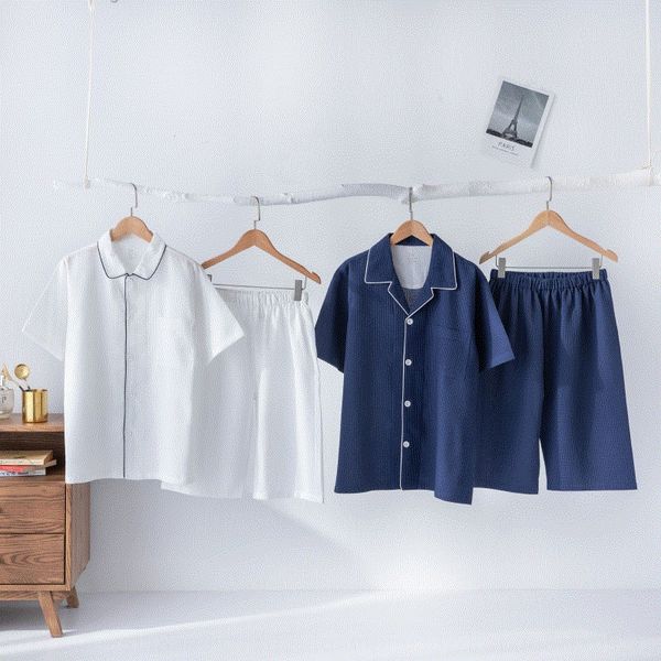 

q6iky new pajamas waffger short-sleeved pajamas for men and women summer cool non-printed comfortable cotton breathable couple home wear sui, Blue;red