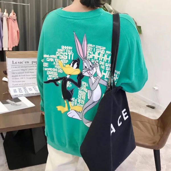 

весна top свитер новый корейский стиль возрастное сокращение всех матча мультфильм letter pattern свободный круглый шею свитер женский топ p, Black