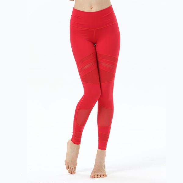 

new print mesh patchwork women yoga pants slim high waist sports leggings push up gym fitness elastic trousers dropship, White;red