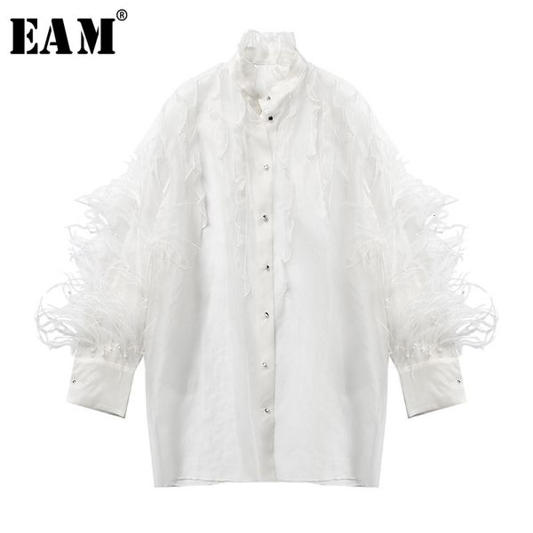 

eam] 2020 new spring autumn stand collar long sleeve white feather tassels split big size shirt women blouse fashion jt283