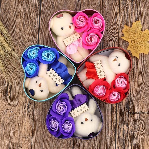 

1 set artificial soap rose flower bear doll valentine day gift box party decor