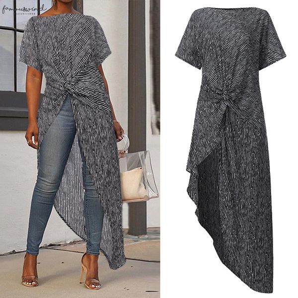 

women asymmetrical blouse split hem striped party long ladies office shirts 2020 summer tunic plus size blusas, White