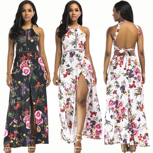 

halter backless dress women 2020 summer dress floral print long beach dress split hollow out bohemian party dresses vestido, Black;gray