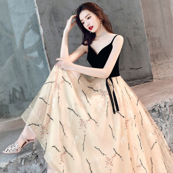 

champagne elegant lace velour patchwork chinese evening party gown v-neck spaghetti strap dresses sweet bow banquet dress, Red