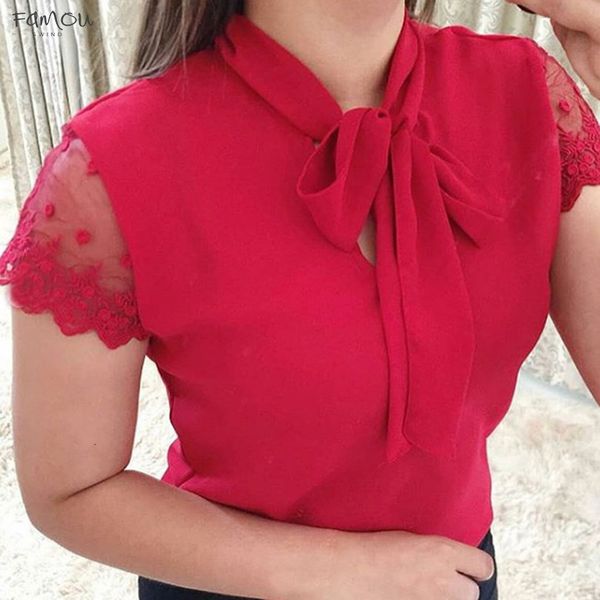 

women summer work office lace bow tie short sleeve chiffon shirt blouse feminine blusas mujer 2020 arrival casual tee, White